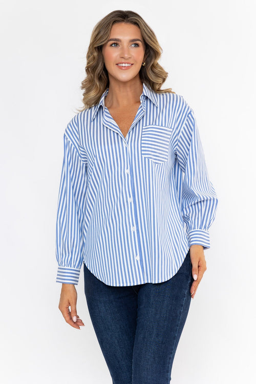 Blue Relaxed Fit Classic Stripe Long Sleeve Shirt
