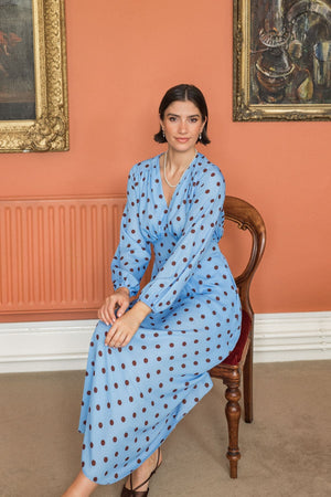 Carraig Donn Cliodhna Blue Polka Dot Print Sateen Midi Dress