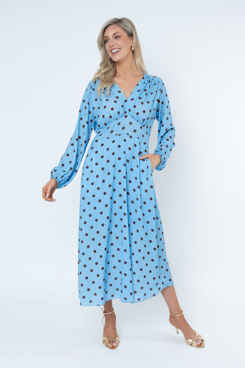 Cliodhna Blue Polka Dot Print Sateen A-Line Midi Dress