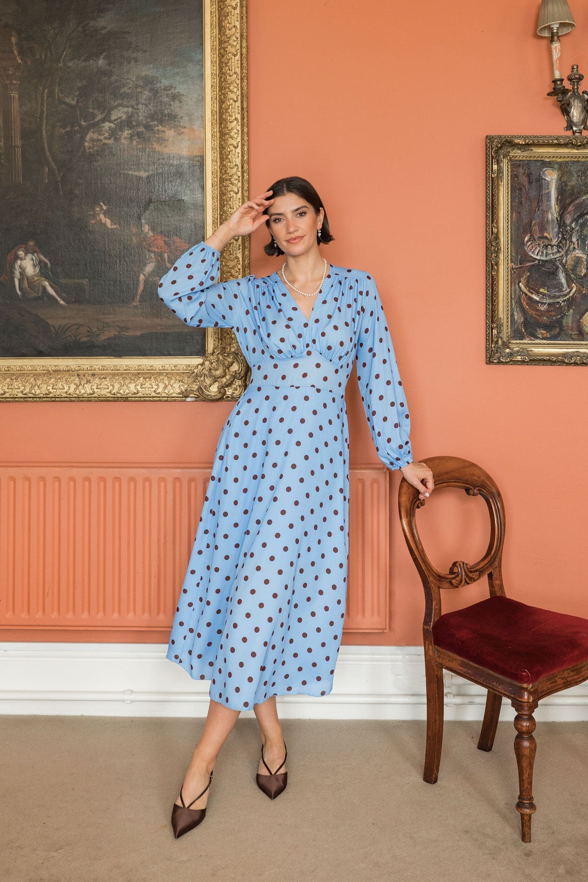 Cliodhna Blue Polka Dot Print Sateen A-Line Midi Dress