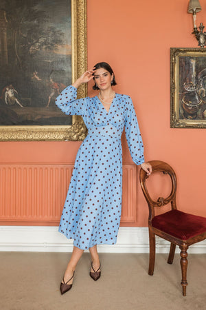 Carraig Donn Cliodhna Blue Polka Dot Print Sateen Midi Dress
