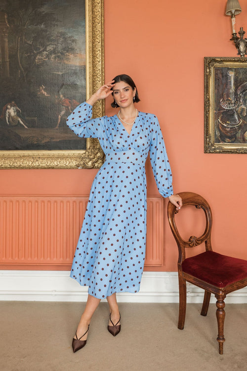 Cliodhna Blue Polka Dot Print Sateen A-Line Midi Dress