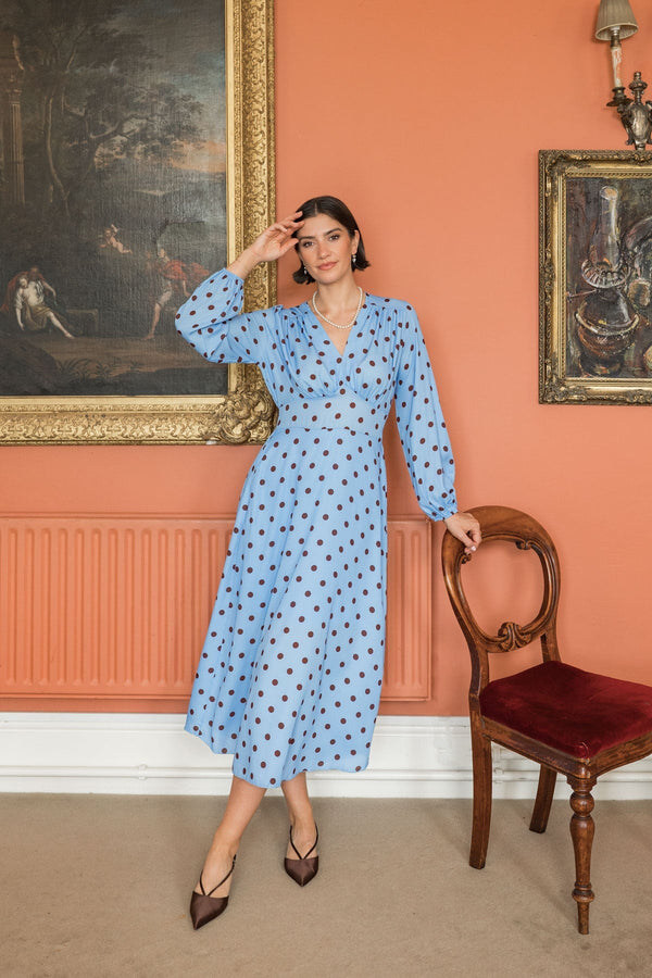 Carraig Donn Cliodhna Blue Polka Dot Print Sateen Midi Dress