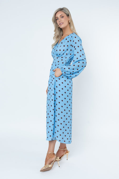 Carraig Donn Cliodhna Blue Polka Dot Print Sateen Midi Dress