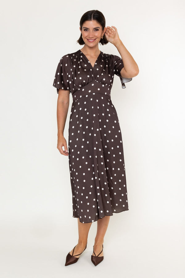 Carraig Donn Cliodhna Brown Polka Dot Sateen A-Line Short Sleeve Midi Dress
