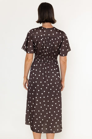Carraig Donn Cliodhna Brown Polka Dot Sateen A-Line Short Sleeve Midi Dress