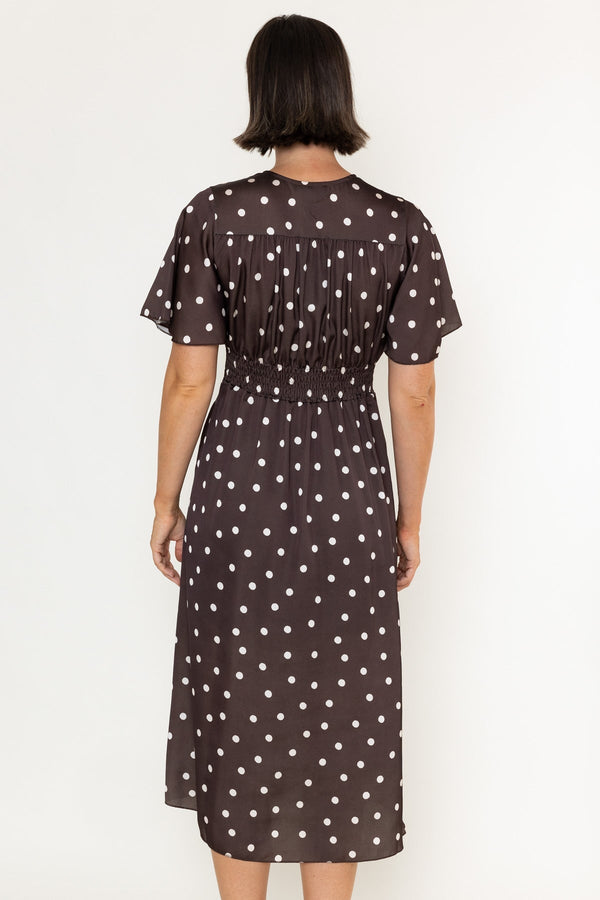 Carraig Donn Cliodhna Brown Polka Dot Sateen A-Line Short Sleeve Midi Dress