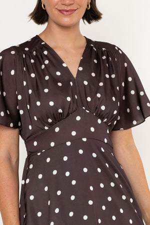 Carraig Donn Cliodhna Brown Polka Dot Sateen A-Line Short Sleeve Midi Dress