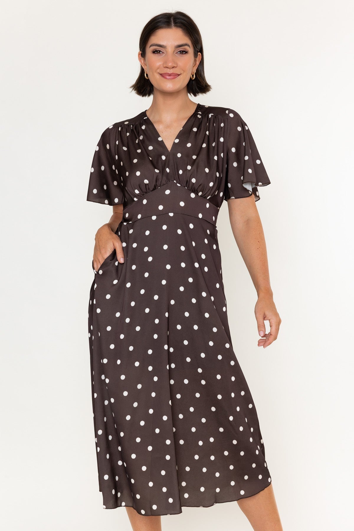 Cliodhna Brown Polka Dot Sateen A-Line Short Sleeve Midi Dress