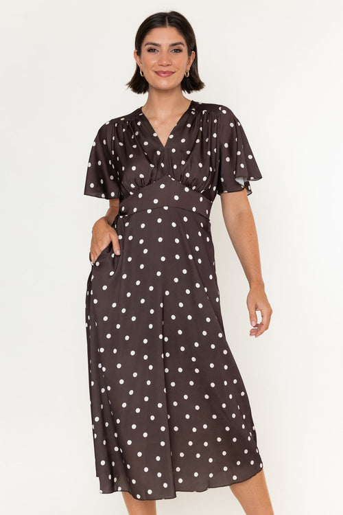 Cliodhna Brown Polka Dot Sateen A-Line Short Sleeve Midi Dress