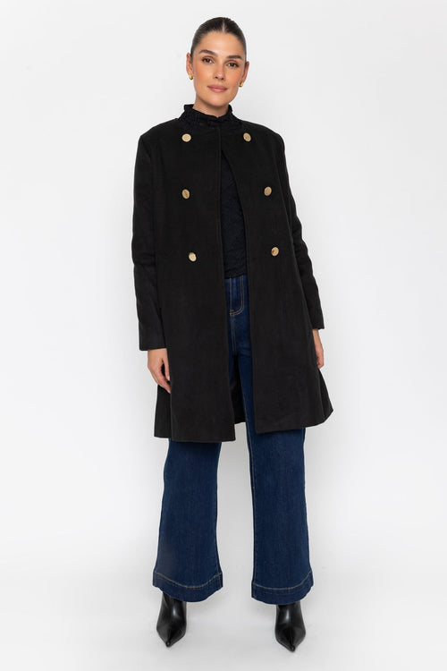 Black Collarless Double Breasted Longline Coat