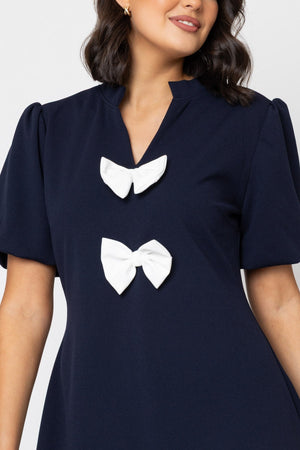 Carraig Donn Contrast Bow Knee Length Dress in Navy