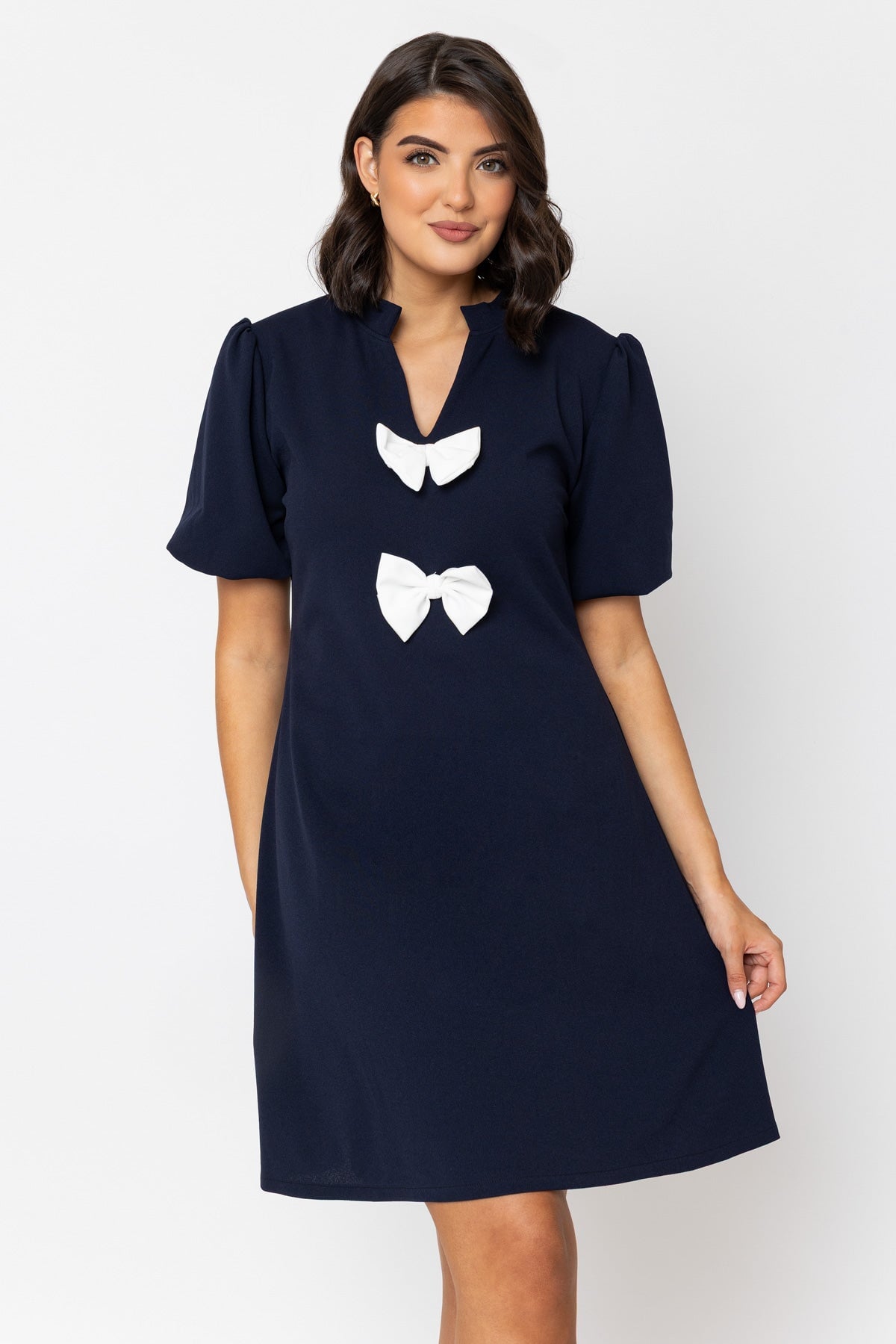 Contrast Bow Knee Length Dress in Navy