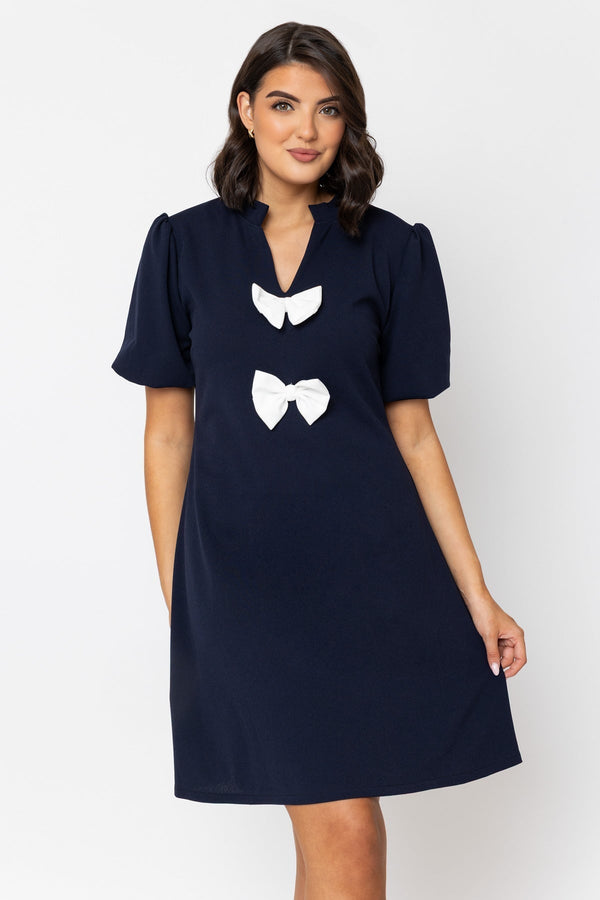 Carraig Donn Contrast Bow Knee Length Dress in Navy