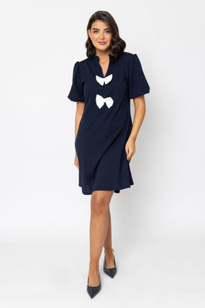 Carraig Donn Contrast Bow Knee Length Dress in Navy
