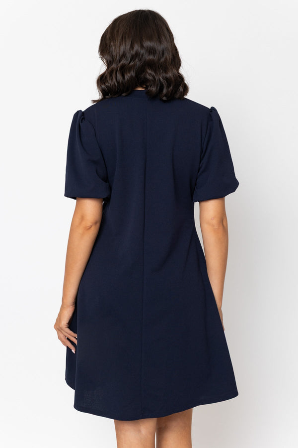 Carraig Donn Contrast Bow Knee Length Dress in Navy
