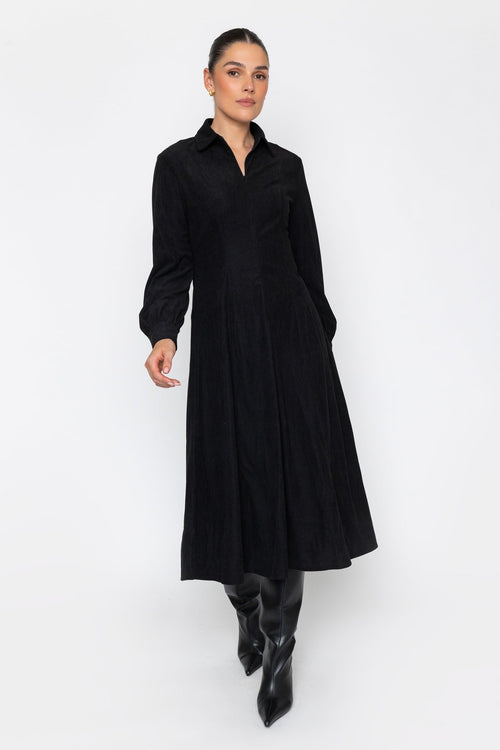 Black Corduroy A-Line Front Zip Fastening Long Sleeve Midi Dress