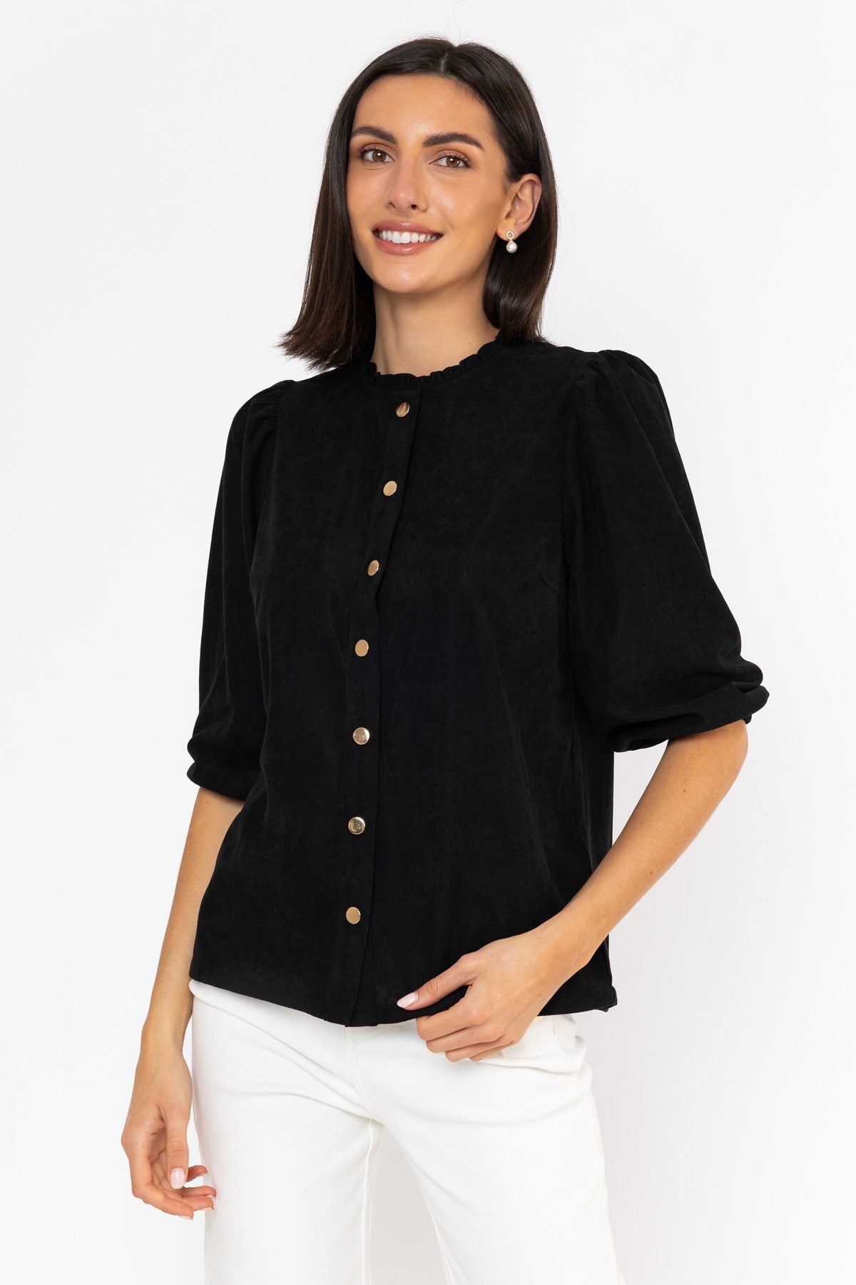 Black Corduroy Relaxed Fit Gold Button 3/4 Sleeve Blouse