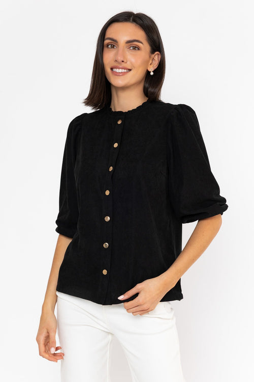 Black Corduroy Relaxed Fit Gold Button 3/4 Sleeve Blouse