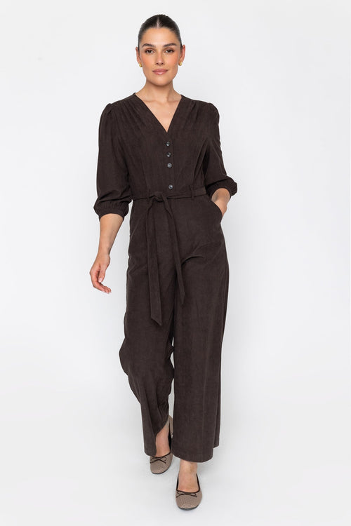 Brown Corduroy Wide Leg 3/4 Sleeve Jumpsuit