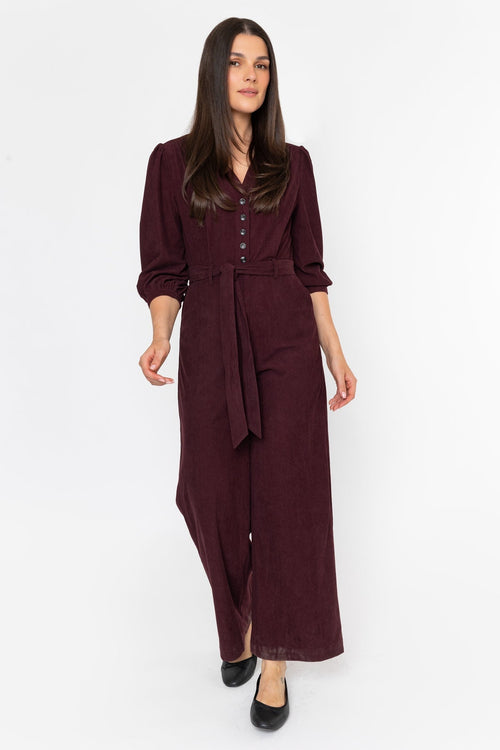 Plum Purple Corduroy 3/4 Sleeve Wide Leg Jumpsuit