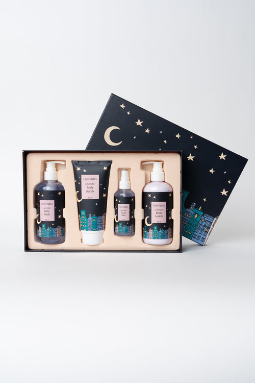 Carraig Donn Cosy Nights Lavender Bath Gift Set of 4 - Body Wash, Body Scrub, Body Mist & Lotion