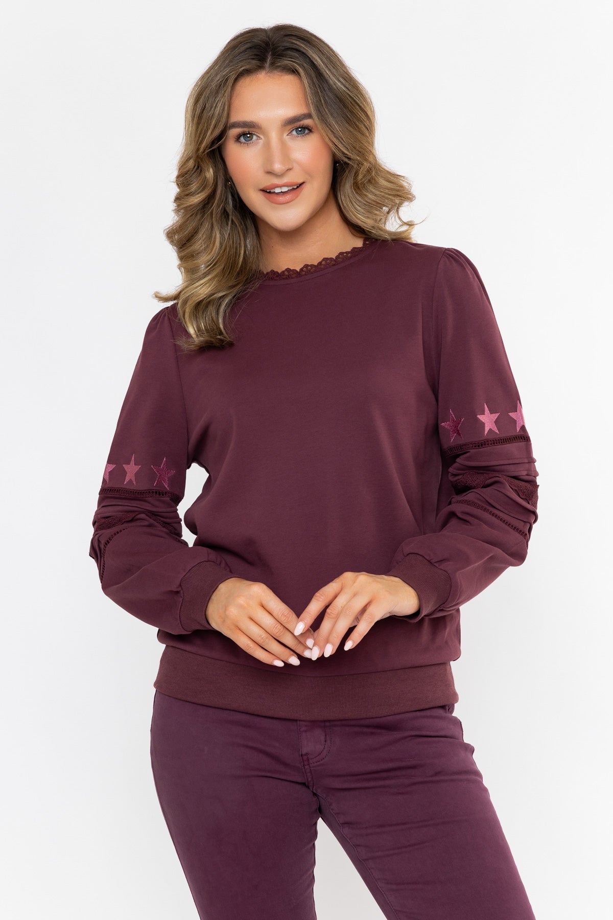 Burgundy Cotton Blend Regular Fit Broderie Anglaise Sweatshirt