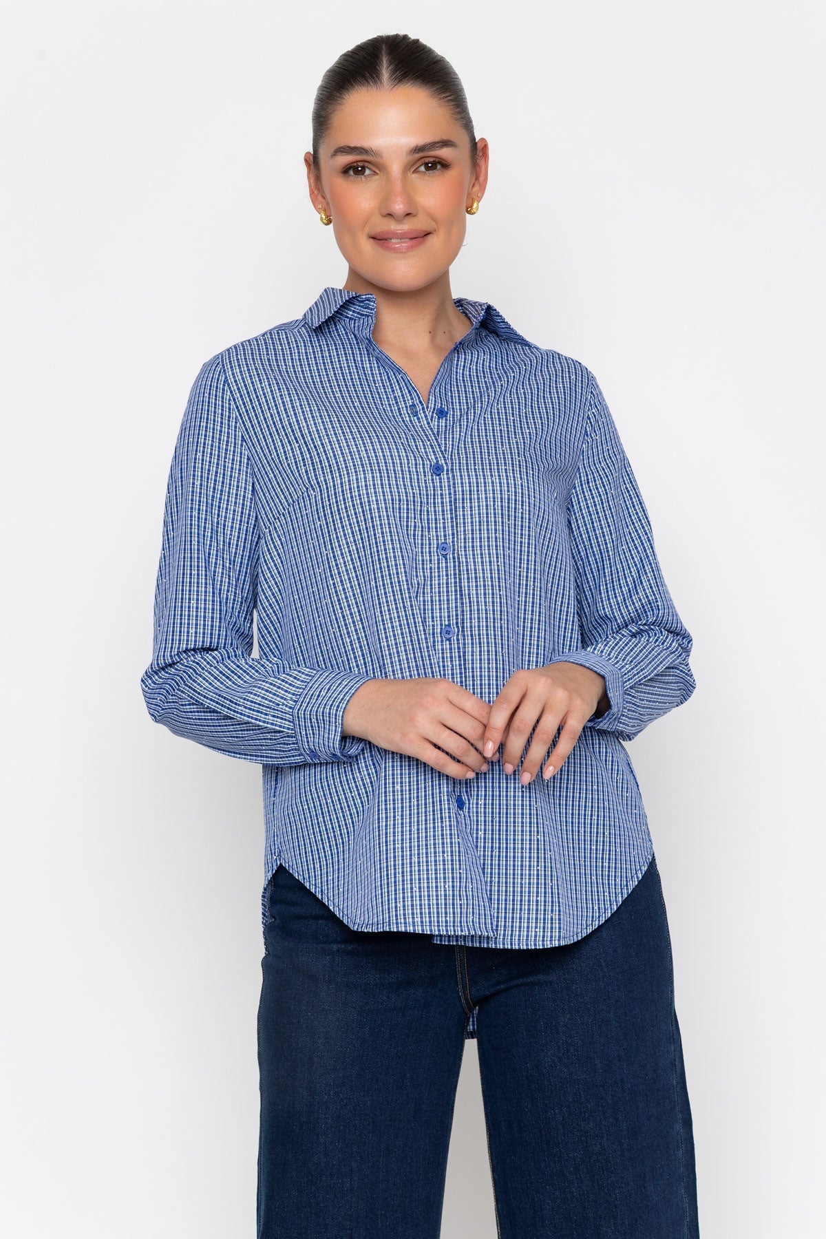 Blue Cotton Blend Checked Stud Detail Long Sleeve Shirt