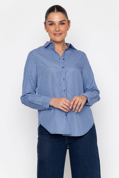Blue Cotton Blend Checked Stud Detail Long Sleeve Shirt