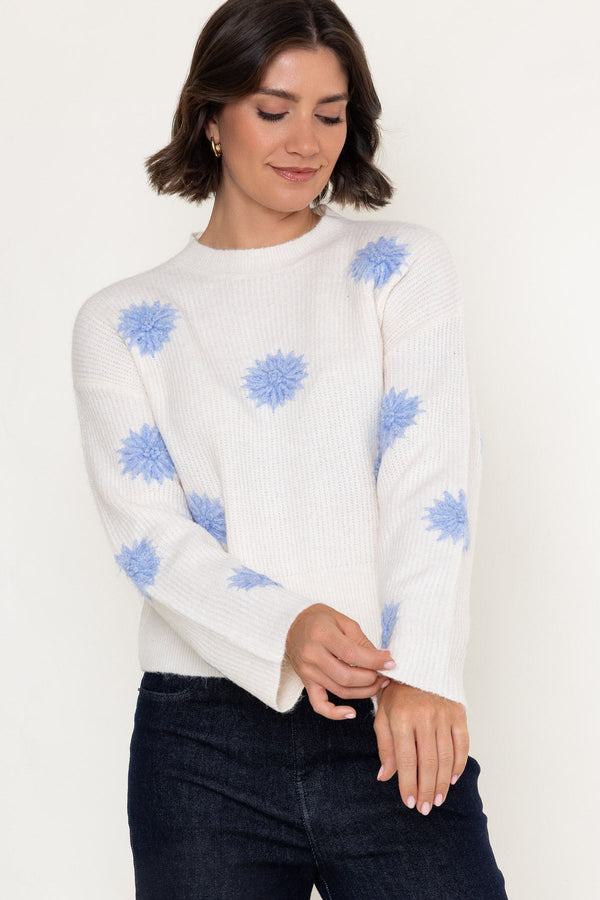 Carraig Donn Cream & Blue Floral Applique Knitted Round Neck Long Sleeve Jumper