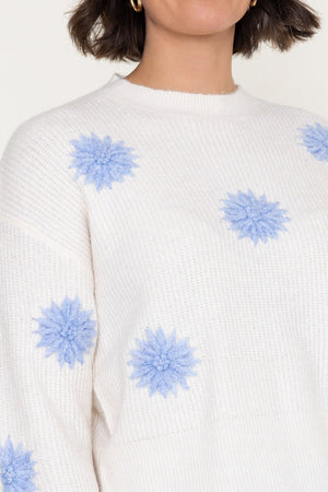 Carraig Donn Cream & Blue Floral Applique Knitted Round Neck Long Sleeve Jumper
