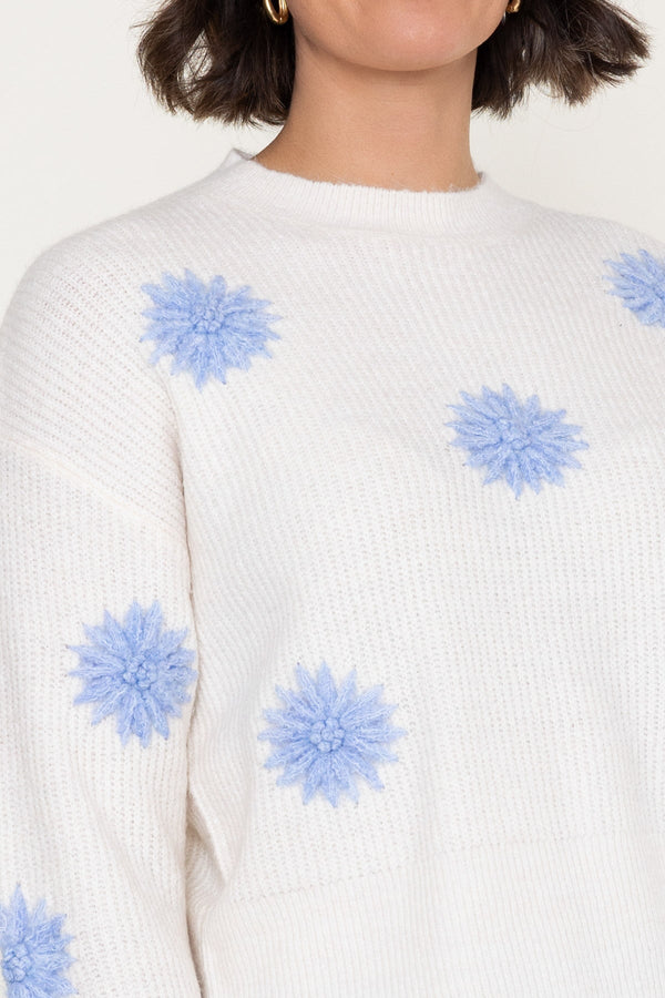 Carraig Donn Cream & Blue Floral Applique Knitted Round Neck Long Sleeve Jumper