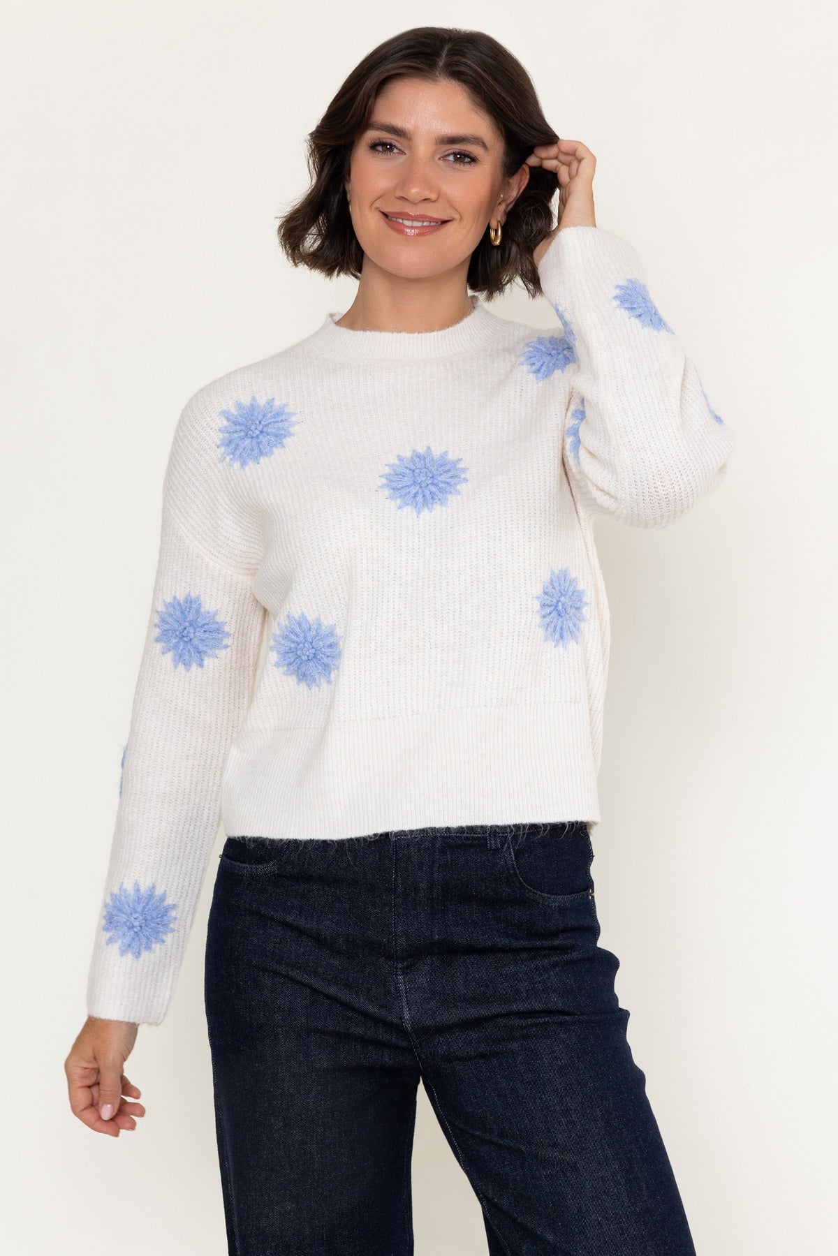 Cream & Blue Floral Applique Knitted Round Neck Long Sleeve Jumper