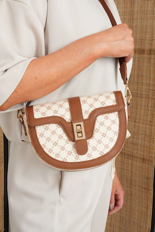 Cream & Brown Print Flap Crossbody Bag