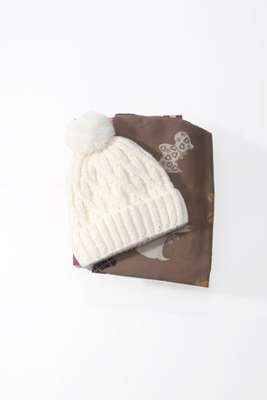 Carraig Donn Cream Cable Knit Hat & Beige Dog Print Scarf Gift Set