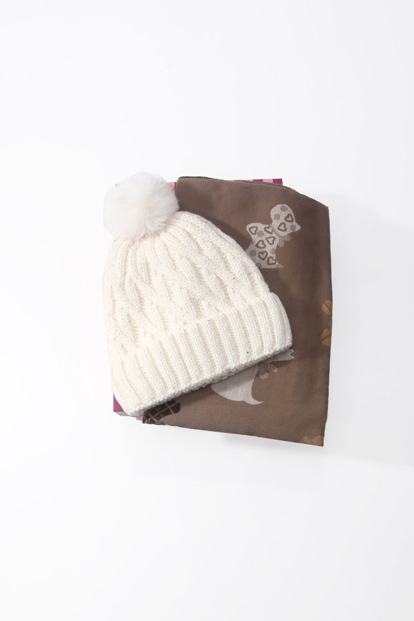 Carraig Donn Cream Cable Knit Hat & Beige Dog Print Scarf Gift Set