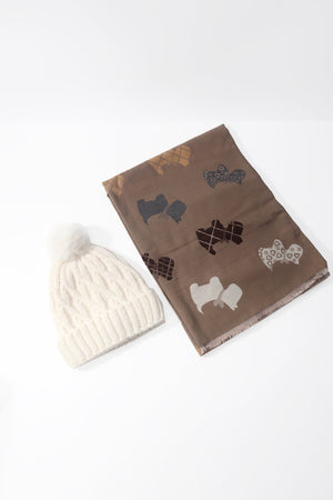 Carraig Donn Cream Cable Knit Hat & Beige Dog Print Scarf Gift Set