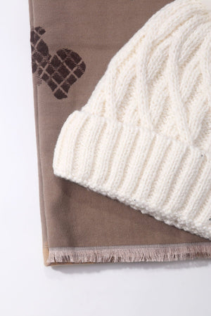 Carraig Donn Cream Cable Knit Hat & Beige Dog Print Scarf Gift Set
