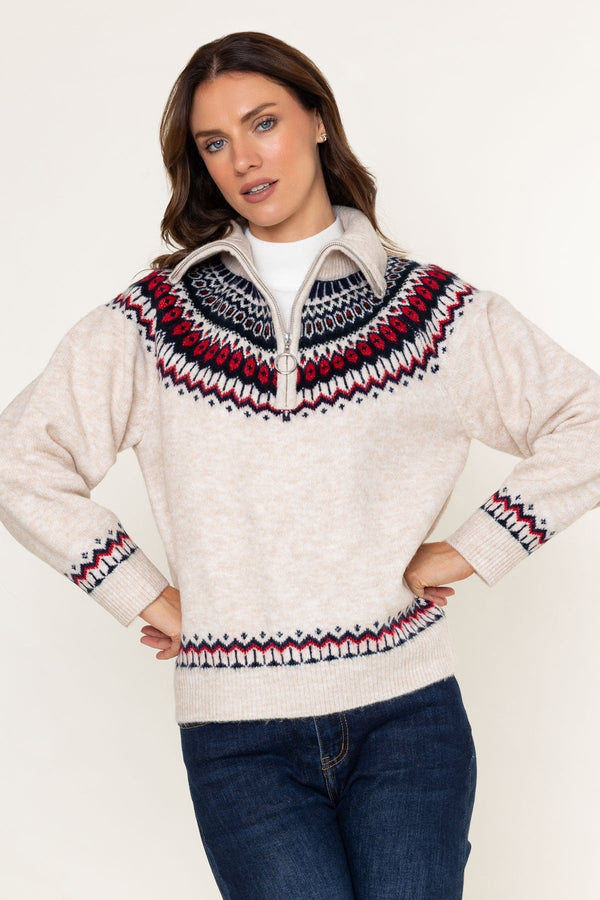 Carraig Donn Cream Fair Isle Half-Zip Knit Jumper