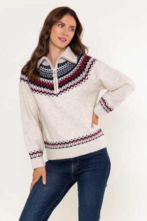 Carraig Donn Cream Fair Isle Half-Zip Knit Jumper