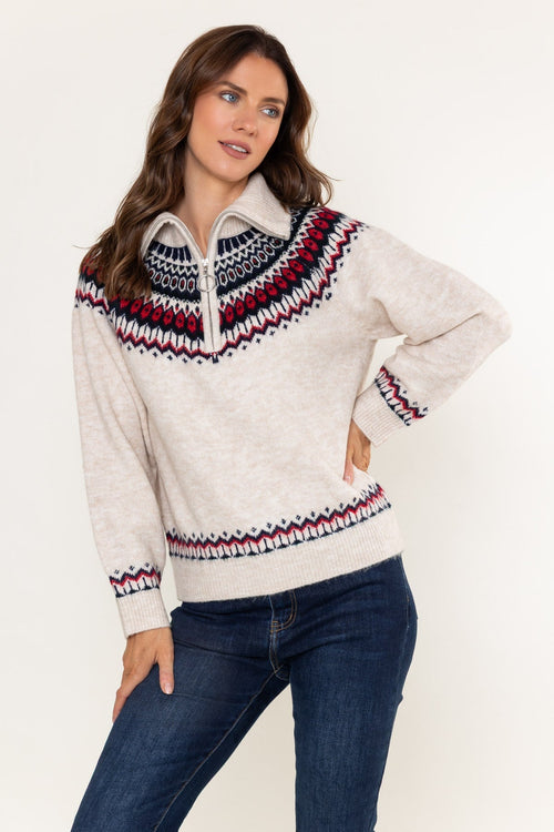 Cream Fair Isle Half-Zip Knit Jumper