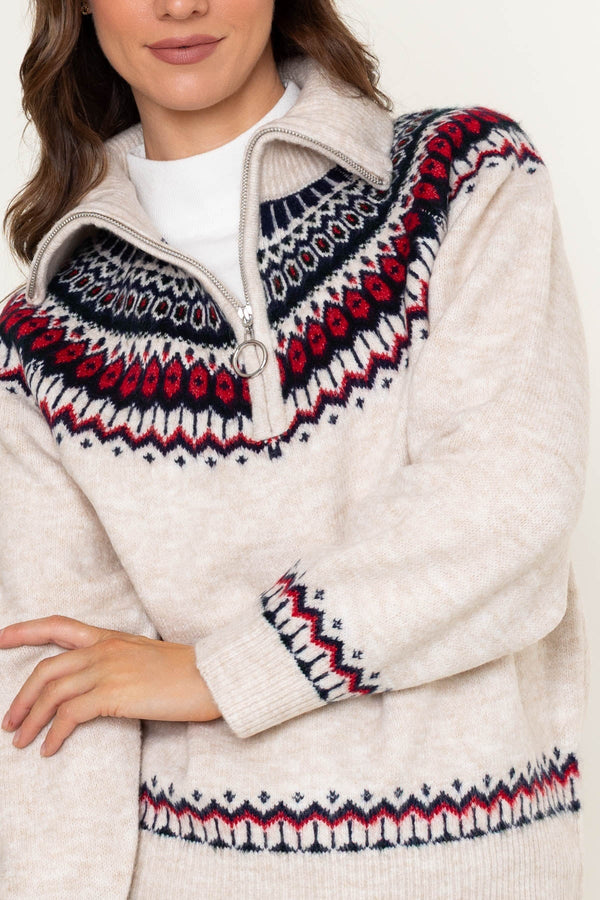 Carraig Donn Cream Fair Isle Half-Zip Knit Jumper