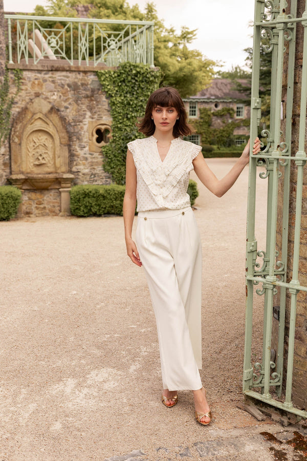 Cream High-Waist Trousers with Gold Buttons | Ladies Trousers  Carraig Donn