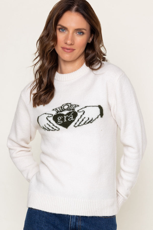 Carraig Donn Cream Knit Claddagh Print Crew Neck Jumper