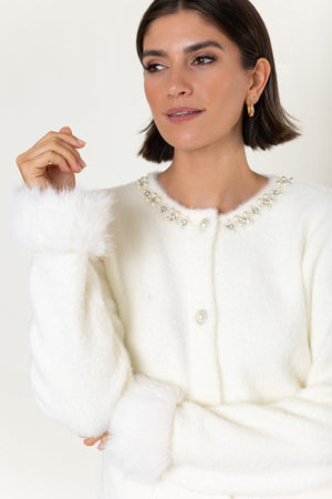 Carraig Donn Cream Knit Embellished Collar Faux Fur Cuff Cardigan