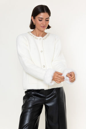 Carraig Donn Cream Knit Embellished Collar Faux Fur Cuff Cardigan