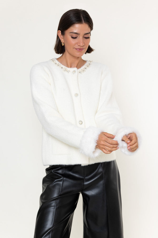 Carraig Donn Cream Knit Embellished Collar Faux Fur Cuff Cardigan