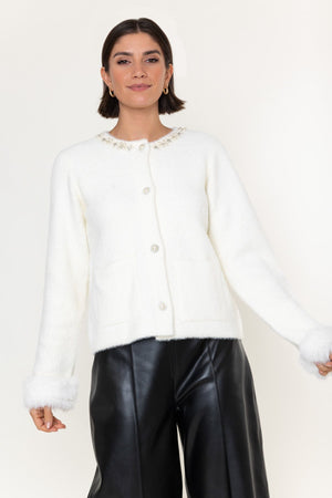 Carraig Donn Cream Knit Embellished Collar Faux Fur Cuff Cardigan