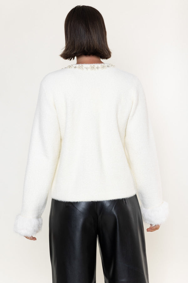 Carraig Donn Cream Knit Embellished Collar Faux Fur Cuff Cardigan