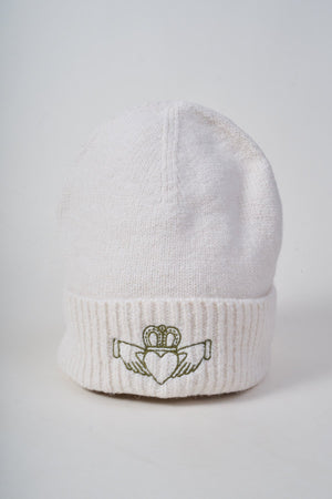 Carraig Donn Cream Knit Green Embroidered Claddagh Design Hat